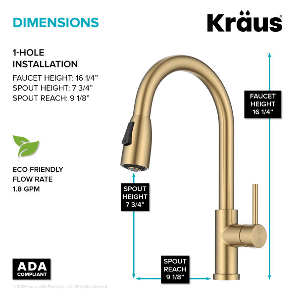 KRAUS Coda Pull-Down Kitchen Faucet – Spot-Free Brushed Brass, 2-Function Spray - View #2